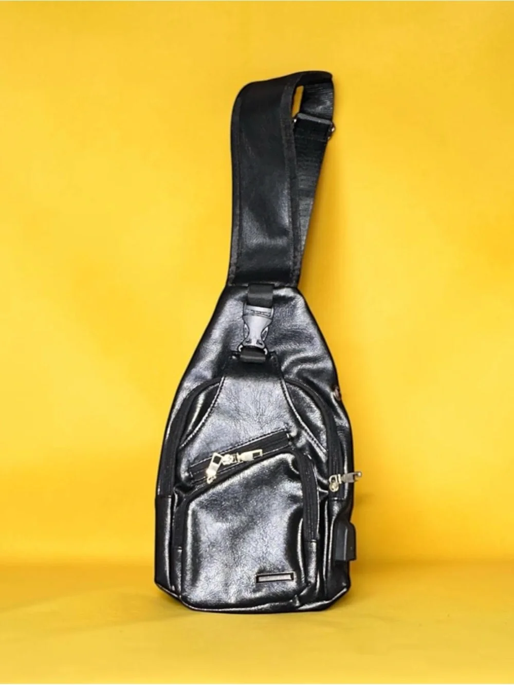 Black Leather-Effect Sling Messenger Bag with Front Zip Pockets